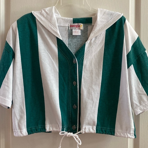 Striped short sleeve button front cropped top with hoodie - Picture 1 of 4